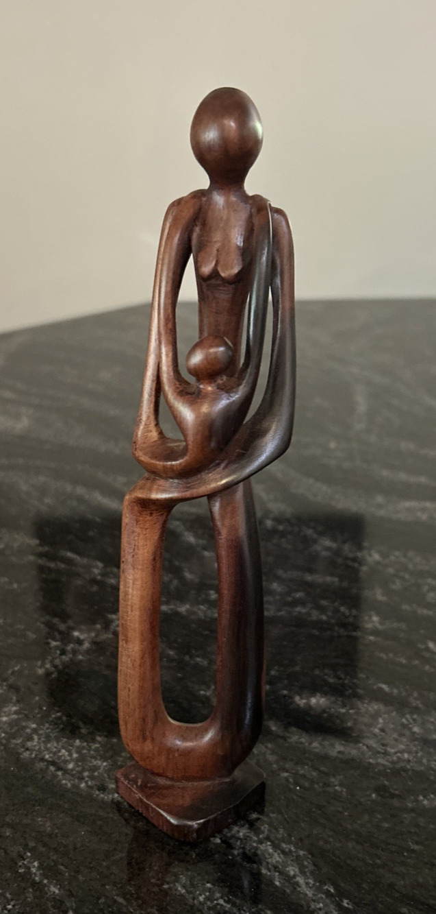 Wood Abstract Carved Figure 9” Art Sculpture Mother with Child